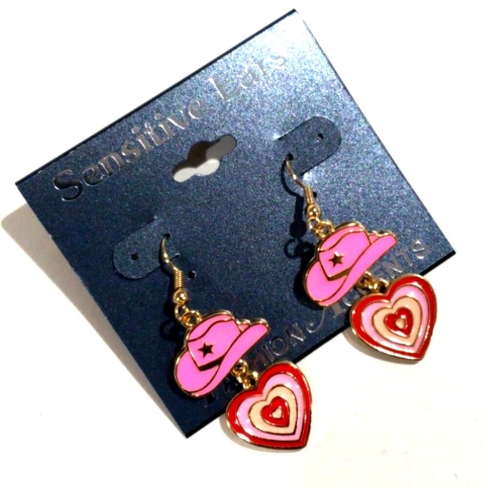 Elegant Trendy Pink Cowboy Hat & Heart Dangle Earrings - Western Fashion Jewelry